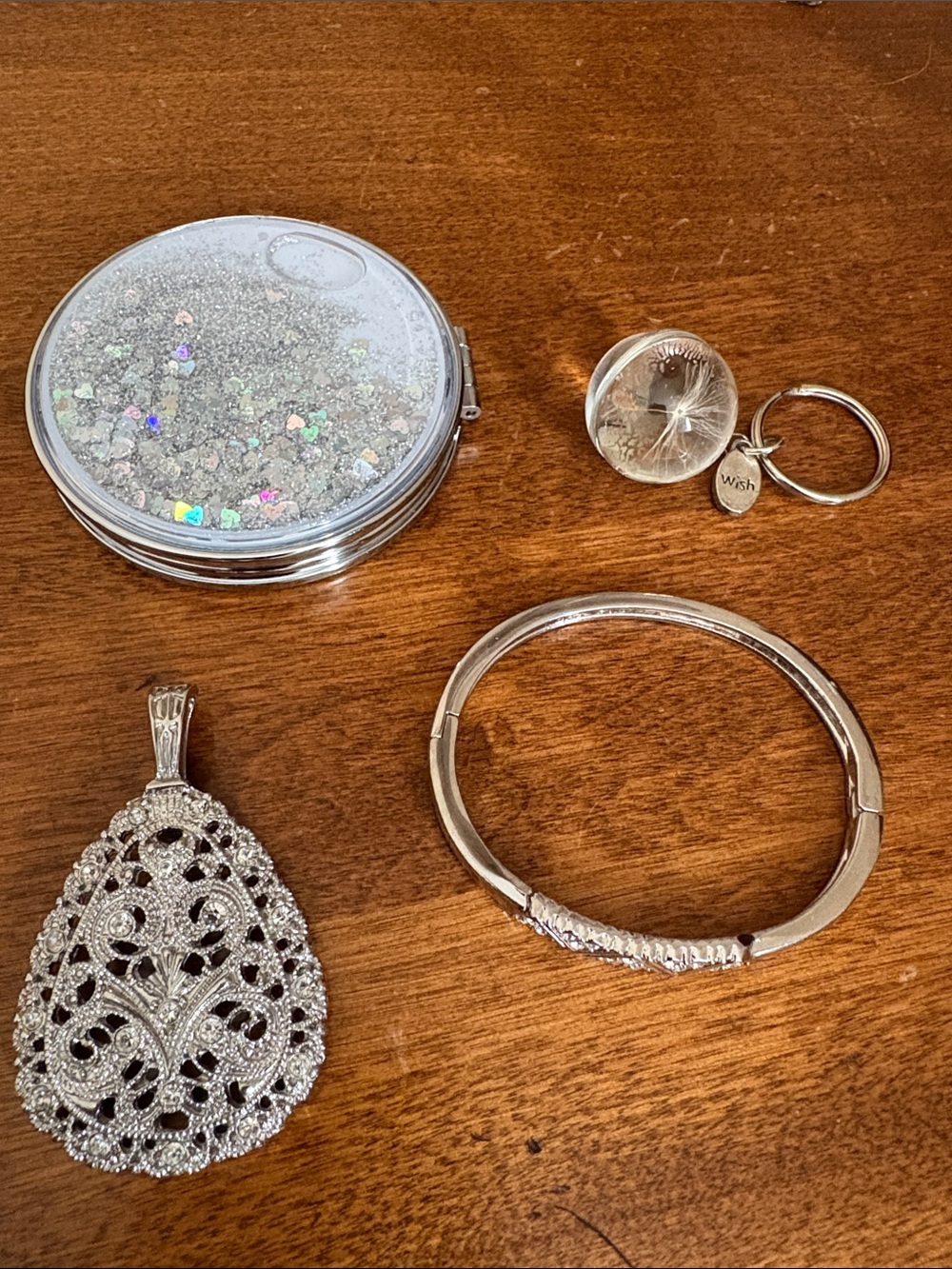 Elegant Silver-Tone Filigree Pendant Necklace and Bangle Set - Silver